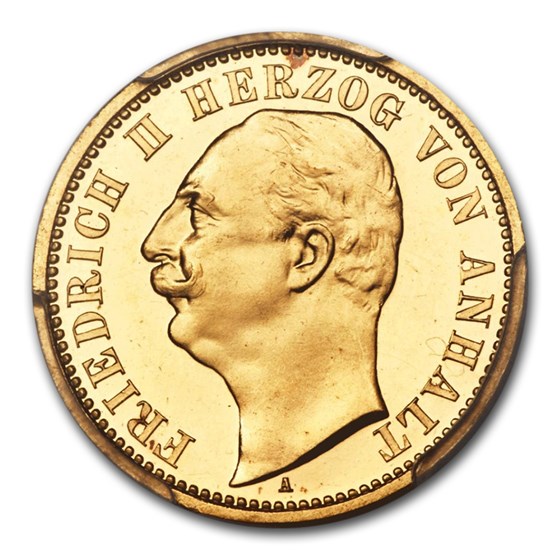 1904 German States Anhalt-Dessau Gold 20 Mark PR-65 PCGS (DCAM) 1904 German States Anhalt-Dessau Gold 20 Mark PR-65 PCGS (DCAM)